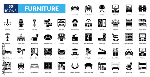 Furniture Glyph Icon Set. Modern Sofa, Coffee Table, Armchair, Tv Console, Bookshelf, Dining Table, Kitchen Cabinet