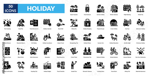Holiday Glyph Icon Set. Beach Vacation, Travel Suitcase, Summer Holiday, Winter Getaway, Flight Booking, Family Trip, Adventure Holiday