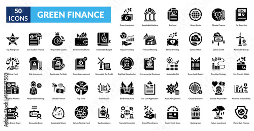 Green Finance Glyph Icon Set. Climate Fund, Ethical Banking, Clean Energy, Carbon Offset, Net Zero, Responsible Lending, Eco Model