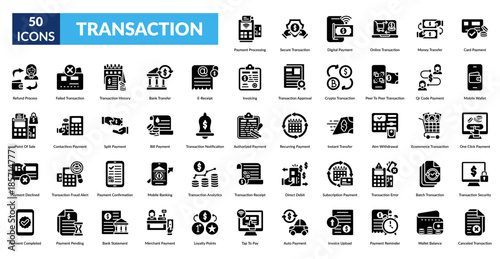 Transaction Glyph Icon Set. Processing, Secure, Digital, Online Transaction, Money Transfer, Card Payment, Mobile Wallet