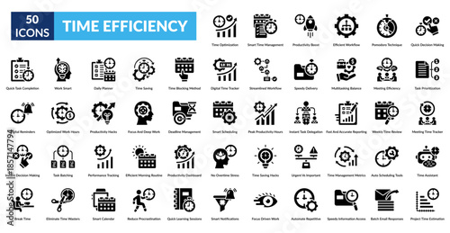 Time Efficiency Glyph Icon Set. Time Optimization, Smart Workflow, Productivity Boost, Focused Work, Pomodoro Method, Quick Decisions, Task Priority