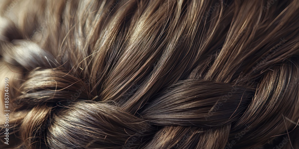 Naklejka premium A close-up of a woman's hair, featuring a braided hairstyle with a mix of dark and light brown colors, set against a blurred background.