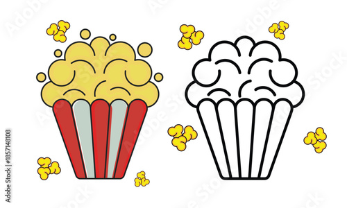 Color and Outline Popcorn Icon Set – Red Cinema Bucket and Black Line Snack Illustration