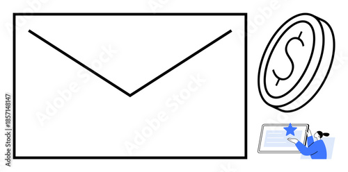 Email marketing, financial transactions, online reviews, digital customer engagement, business communication, e-commerce. Envelope icon, currency symbol and person rating online. Email marketing