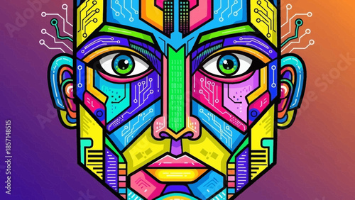 Vibrant futuristic digital art depicts a stylized humanoid face constructed from bright geometric shapes and intricate circuitry patterns suggesting artificial intelligence awareness