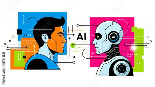 Stylized illustration depicting the profound connection and contrasting visual representation between human intelligence and artificial intelligence technology systems