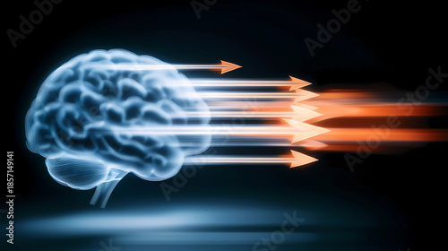 Illustration of brain-computer interface with human brain and glowing arrows