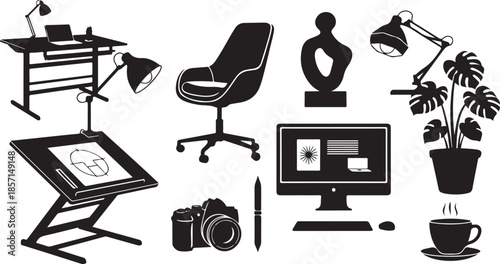 Modern graphic design workspace with equipment