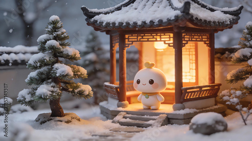 Miniature art illustration of a Chinese garden in snow