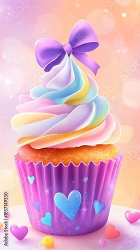 Watercolor cupcake with purple frosting and coquette bow, sweet dessert clipart isolated on white background, featuring purple wrapper with heart pattern, soft pastel tones, charming decorative style