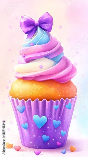 Watercolor cupcake with purple frosting and coquette bow, sweet dessert clipart isolated on white background, featuring purple wrapper with heart pattern, soft pastel tones, charming decorative style