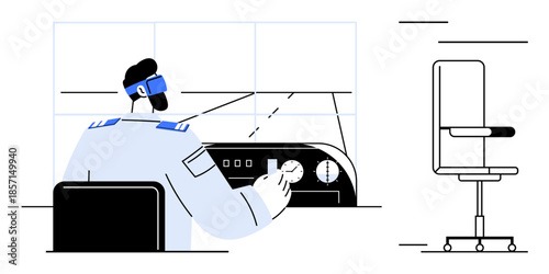 Aviation management, air traffic safety, transportation coordination, navigation systems, professional monitoring, workforce training. Person operating control panel in a control room. Aviation