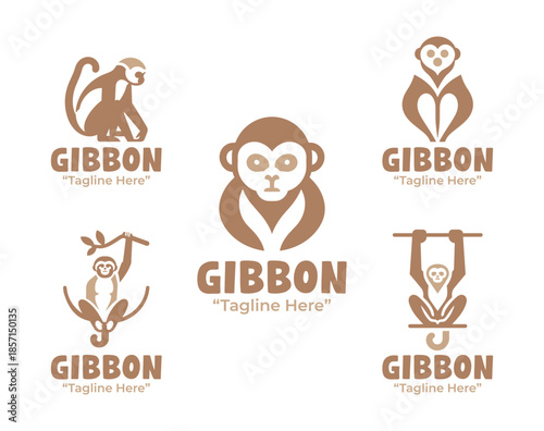 5 Gibbon Logo Set Modern Minimalist Primate Wildlife Collection