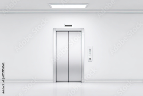 A sleek, modern elevator is featured in a minimalist, white hallway, emphasizing simplicity and functionality.