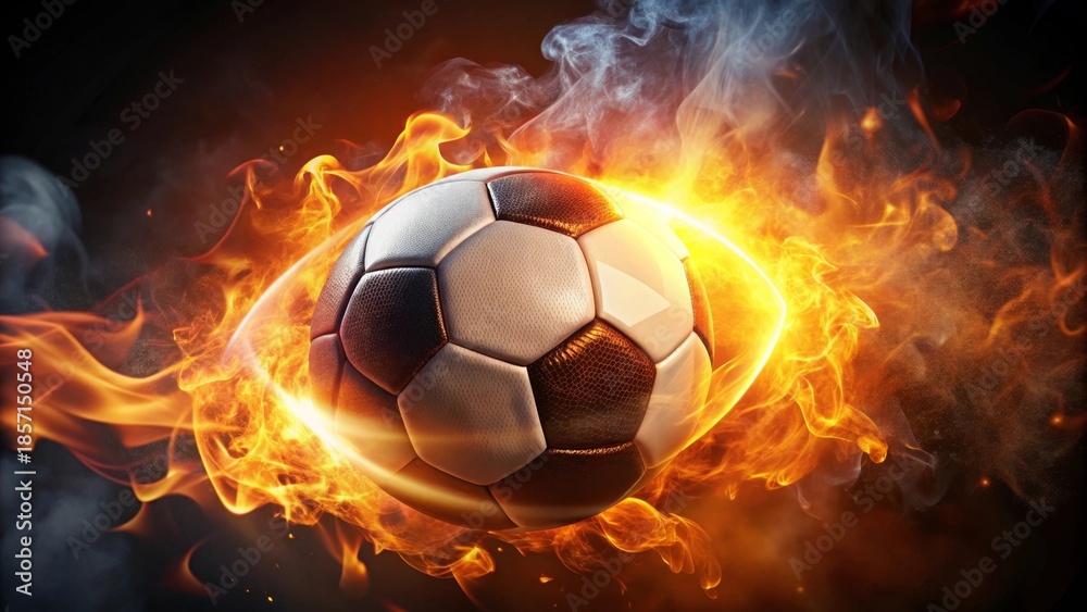 Fototapeta premium Fiery Football A Blazing Sphere of Passion and Competition Surrounded by Intense Flames