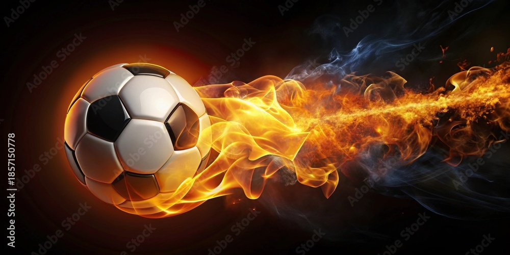 Fototapeta premium Fiery Soccer Ball in Motion A Dramatic Composition of a Blazing Sphere Trailing Flames and Smoke