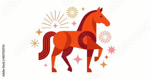 Stylized geometric red horse with fireworks on white background for Lunar New Year greeting card