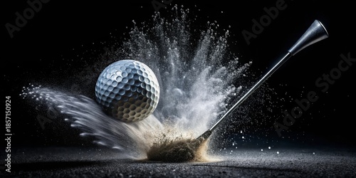 Dynamic Golf Ball Launch  A High-Speed Image of a Golf Ball Striking the Ground, Creating a Dramatic Dust Cloud and a Stunning Visual Representation of Power and Precision.
