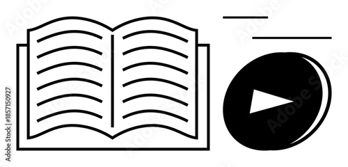 Education concepts, online learning, audiobook platforms, digital media, e-learning resources, content accessibility. Open book with lines and a play button. Education and online learning symbol