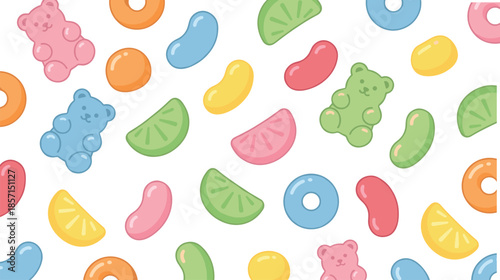 Colorful candy pattern vector illustration, gummy bears, jelly beans, fruit slices, playful sweets, cheerful design, kids treat background