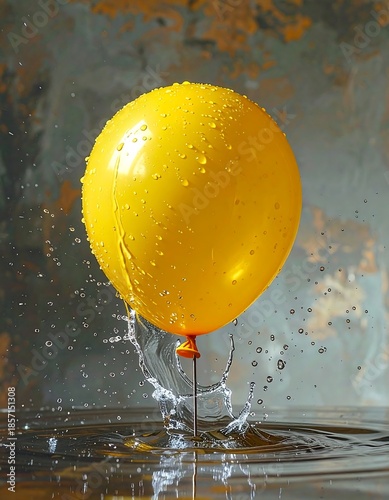 A yellow balloon bursts through the surface of the water sending drops upward against an artistic background