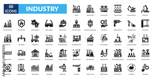 Industry Glyph Icon Set. Factory, Industrial Plant, Conveyor Belt, Manufacturing, Heavy Machinery, Robot Arm, Cnc Machine