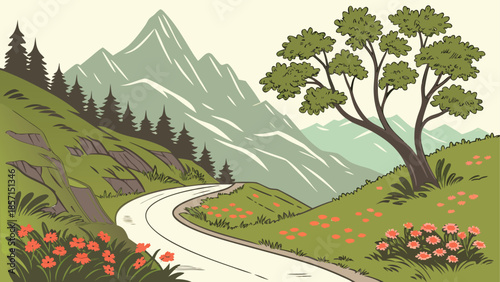 Serene mountain trail with wildflowers