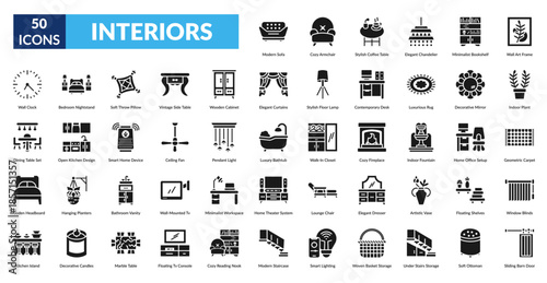 Interiors Glyph Icon Set. Modern Sofa, Cozy Armchair, Coffee Table, Chandelier, Bookshelf, Wall Art Frame, Indoor Plant
