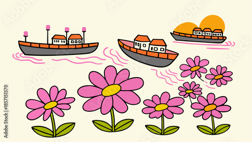 Illustrated boats and flowers