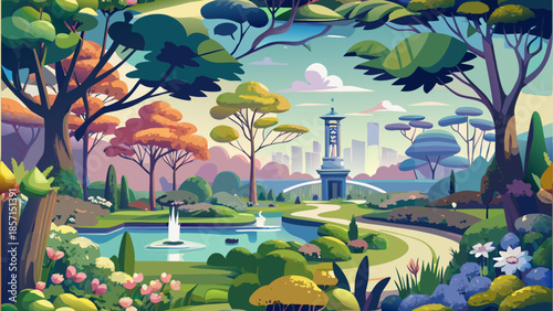 Serene park with fountain and skyline