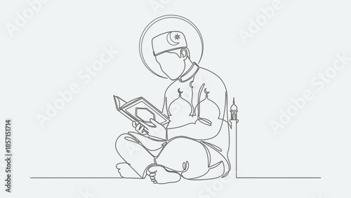 Muslim man reading Quran, traditional Islamic attire, one line art, mosque background