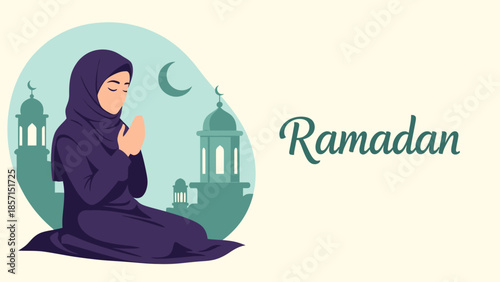 Muslim Woman Praying During Ramadan, Crescent Moon and Mosque Silhouette