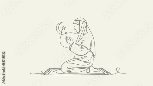 Muslim Woman Praying, One Line Drawing, Islamic Crescent Moon and Star