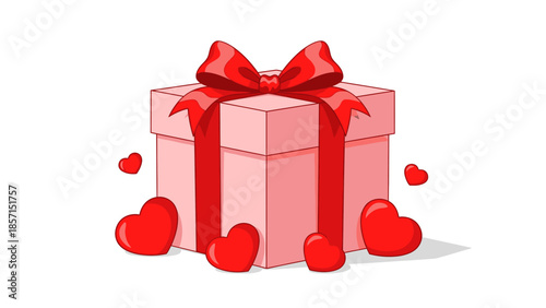 Pink Gift Box with Red Ribbon and Hearts, Valentine's Day Surprise Present