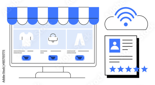 Computer screen displaying online store with clothes and accessories, customer profile with 5-star ratings icon, cloud connection. Ideal for e-commerce, retail, digital marketing, customer feedback