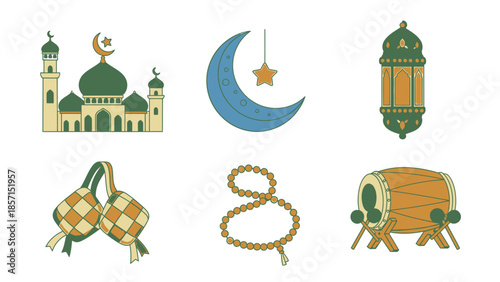 Ramadan Icons Set: Mosque, Moon, Lantern, Ketupat, Prayer Beads, Drum