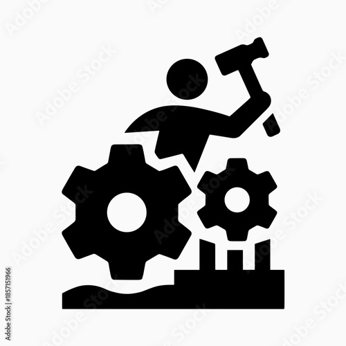 Black silhouette icon depicting a worker with a hammer and gears, symbolizing industry and manufacturing.
