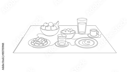 Ramadan Iftar Meal Line Art: Dates, Fruits, Drinks, Coffee, and Crescent Plate
