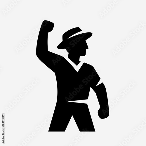 Black silhouette of a person wearing a hat with a raised fist, symbolizing power or protest.