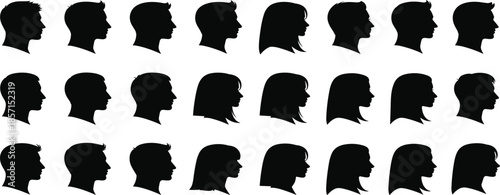 Human head silhouette profiles, diverse hairstyle collection, black vector faces, identity concept illustration, side view people design, gender variation pack