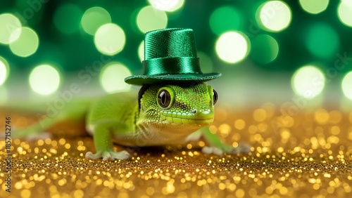 Green Gecko Wearing a Tiny Green Top Hat on a Glittery Gold Surface