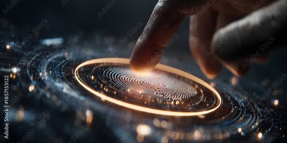 Obraz premium of a fingertip touching a glowing circular digital interface, activating a biometric system with lines and details, surrounded by a blurred futuristic design with a dark, elegant aesthetic.