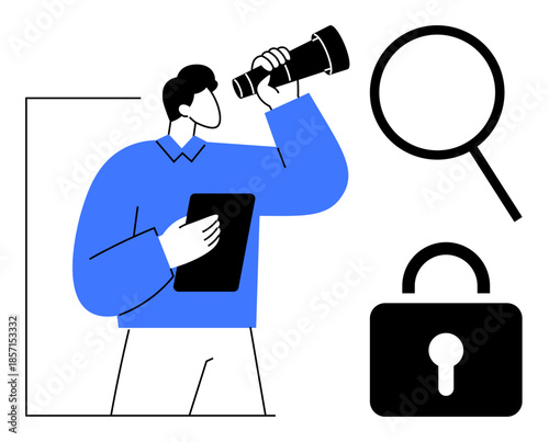 Individual holding telescope and tablet, symbolizing exploration and discovery, with magnifying glass for research and lock for security. Ideal for innovation, strategy, safety, observation