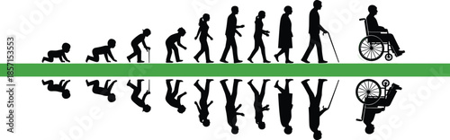 Human life stages silhouette, baby to elderly progression, aging concept vector, black figure timeline, developmental journey illustration, reflection design