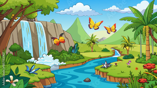 Tropical landscape with waterfall and butterflies