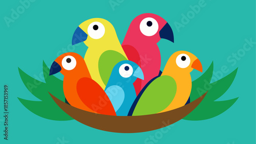 Colorful parrots in a nest
