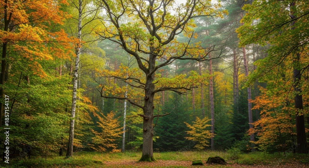 Fototapeta premium Mystical autumn forest landscape with vibrant foliage and majestic tree presence
