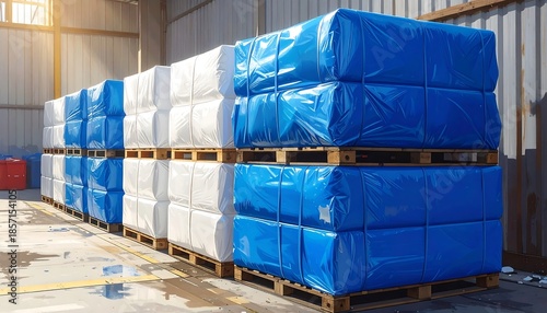 Stacks of Wrapped Goods on Pallets in a Warehouse Setting for Transportation