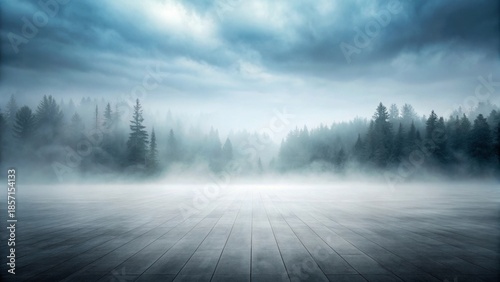 Mysterious thick fog blankets a dense evergreen forest and a vast, empty paved surface under a brooding sky