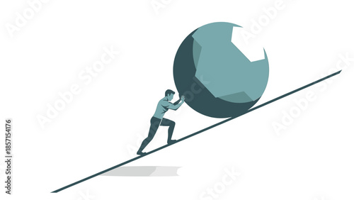Man pushes heavy boulder uphill Vector illustration of unwavering perseverance against obstacles